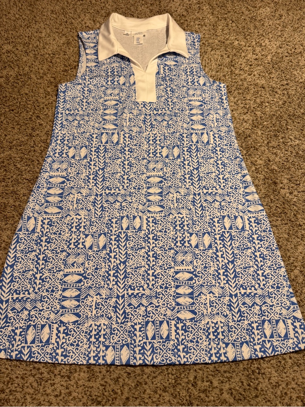 Sigrid Olson Golf & Tennis Sleeveless Blue & White Printed Polo Dress - M